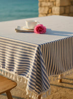Nappe Rectangulaire Rayée en Coton et Lin avec Pompons