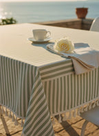 Nappe Rectangulaire Rayée en Coton et Lin avec Pompons